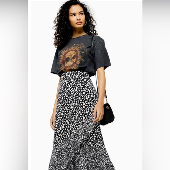 Topshop Black And White Floral Print Wrap Midi Skirt size 10 - Picture 2 of 5